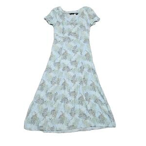 Vtg 90s Eddie Bauer Rayon Midi Dress Womens Small Blue Floral Cottagecore Boho